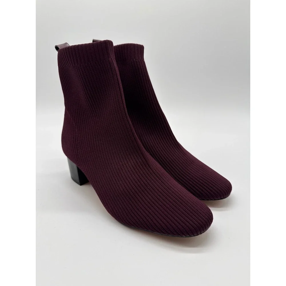 Joie Neely Sock Boots Womens 8M Burgundy Good Ribbed Knit Block Heel Ankle Boot